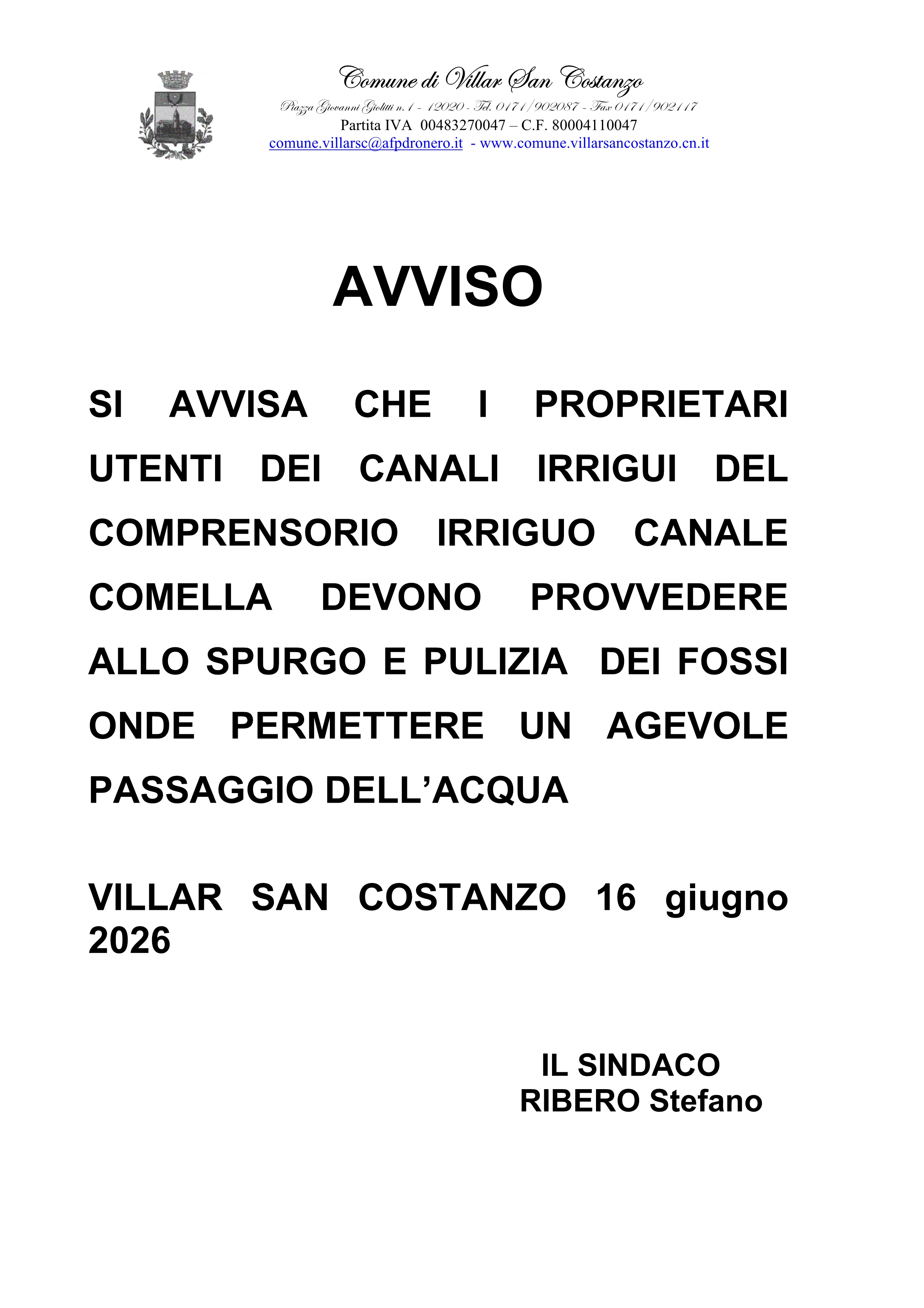Avviso agli utenti dei canali irrigui Canale Comella
