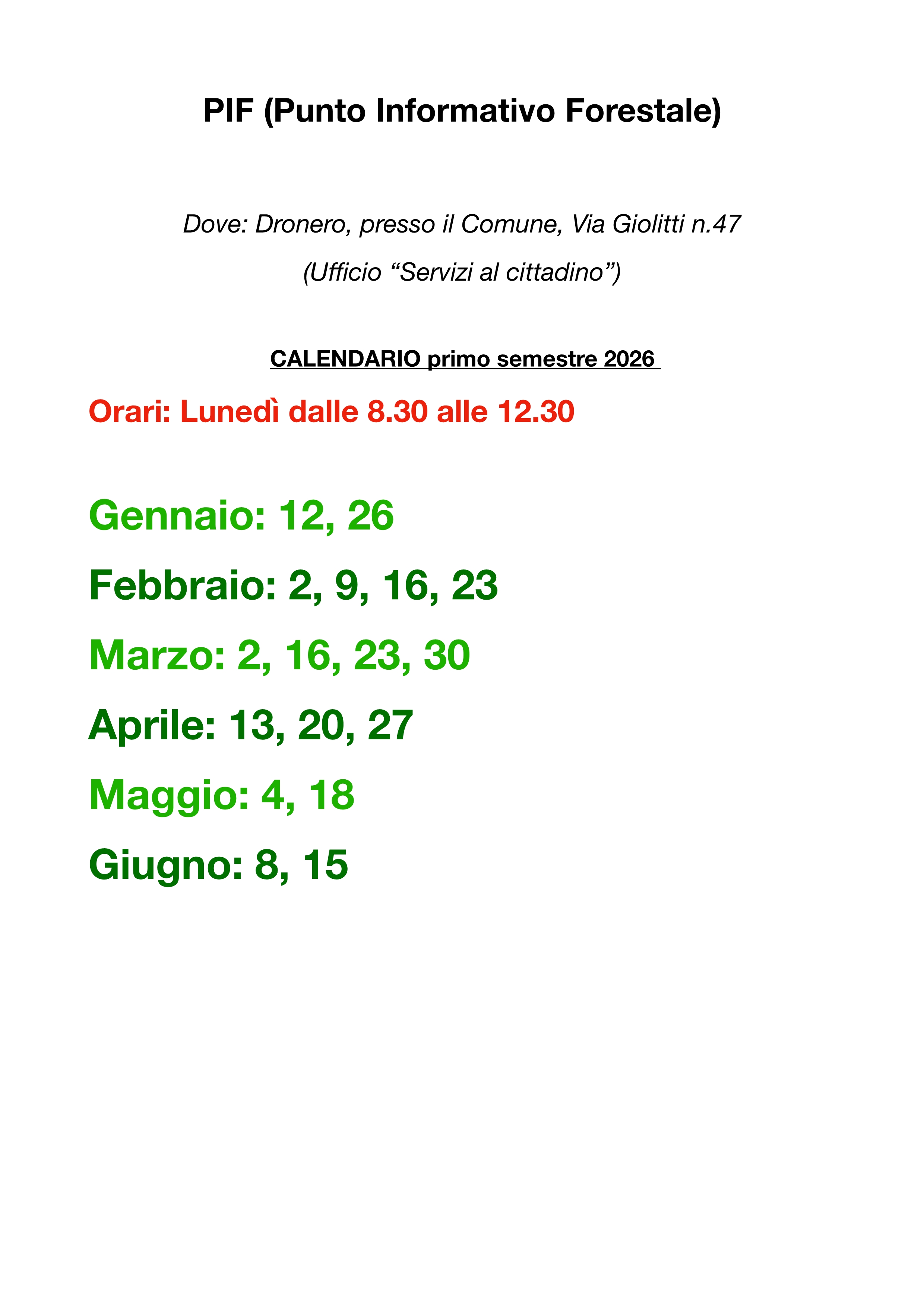 Calendario aperture sportello PIF Dronero - 1° semestre 2026
